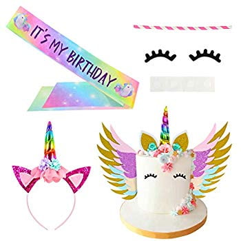 unicorn cake topper set rainbow color with eyelashes wings party sash