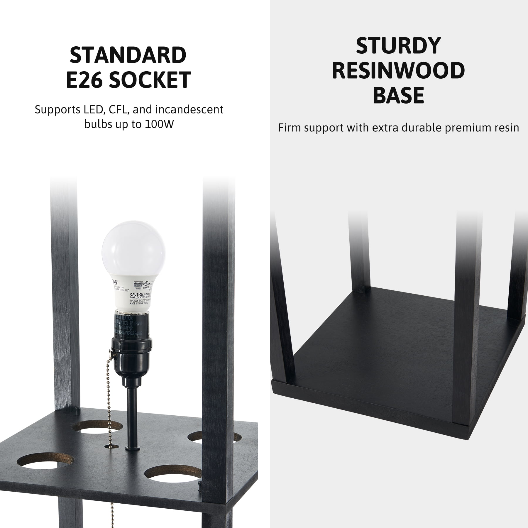 Bestco 63" Standing Lamp with Wood Shelves, 9W LED Light Bulb for Bedroom More, Black