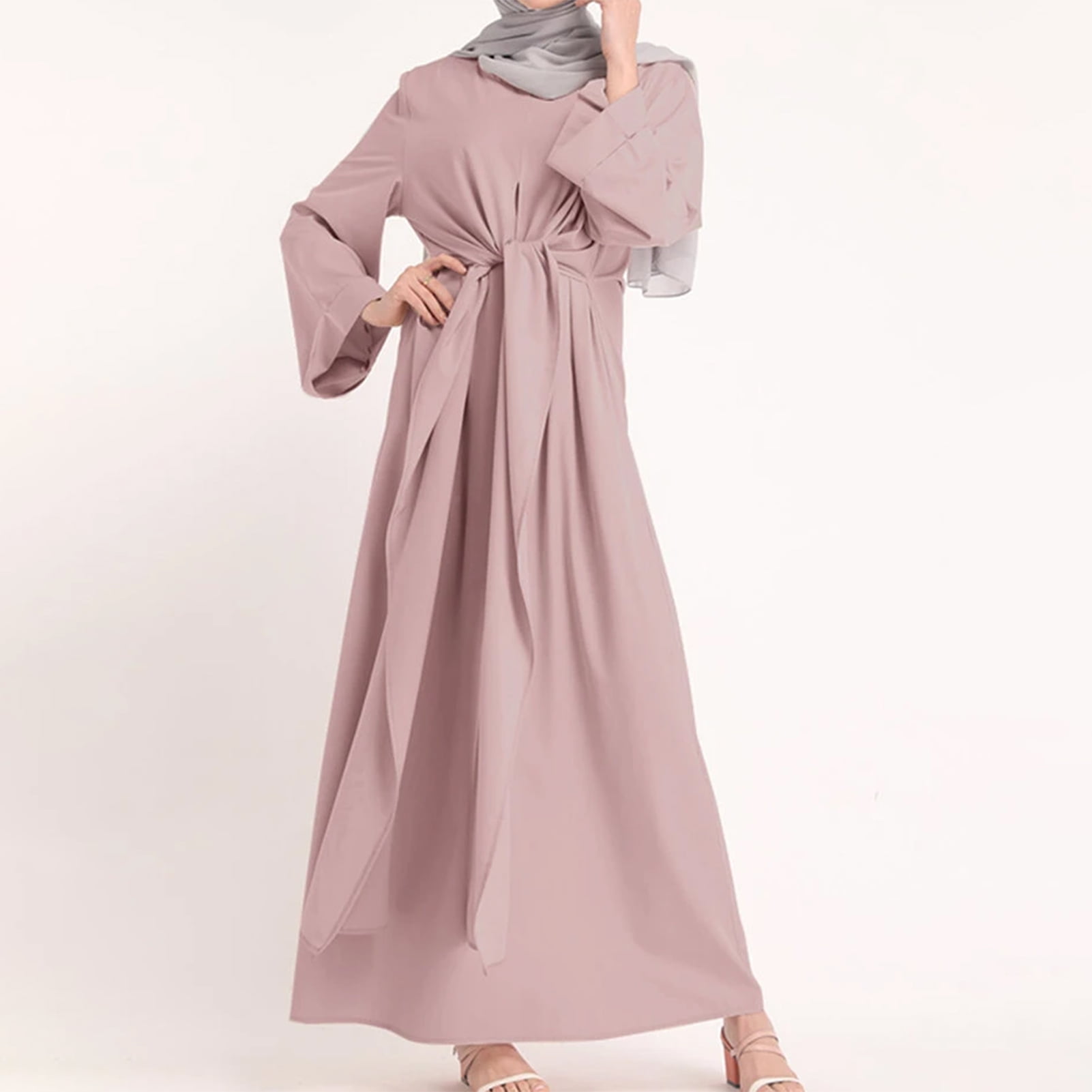 Neinkie Women s Chiffon Kaftan Abaya Dress Muslim Long Sleeve Self Tie Flowy Maxi Dress Islamic Evening Gown Kaftan Arab Jilbab Other 3xl