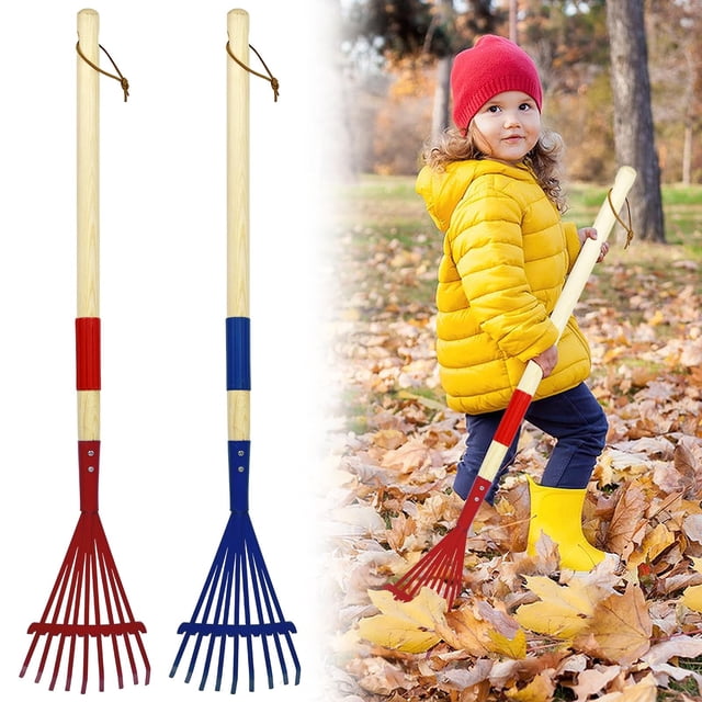 Garden Rake & Leaf Set Agricultural Tool For Leaf & Hay Raking Wooden Handle 9 Tine Rake For Kids' Play & Household Use 2 Piece Gardening Kit
