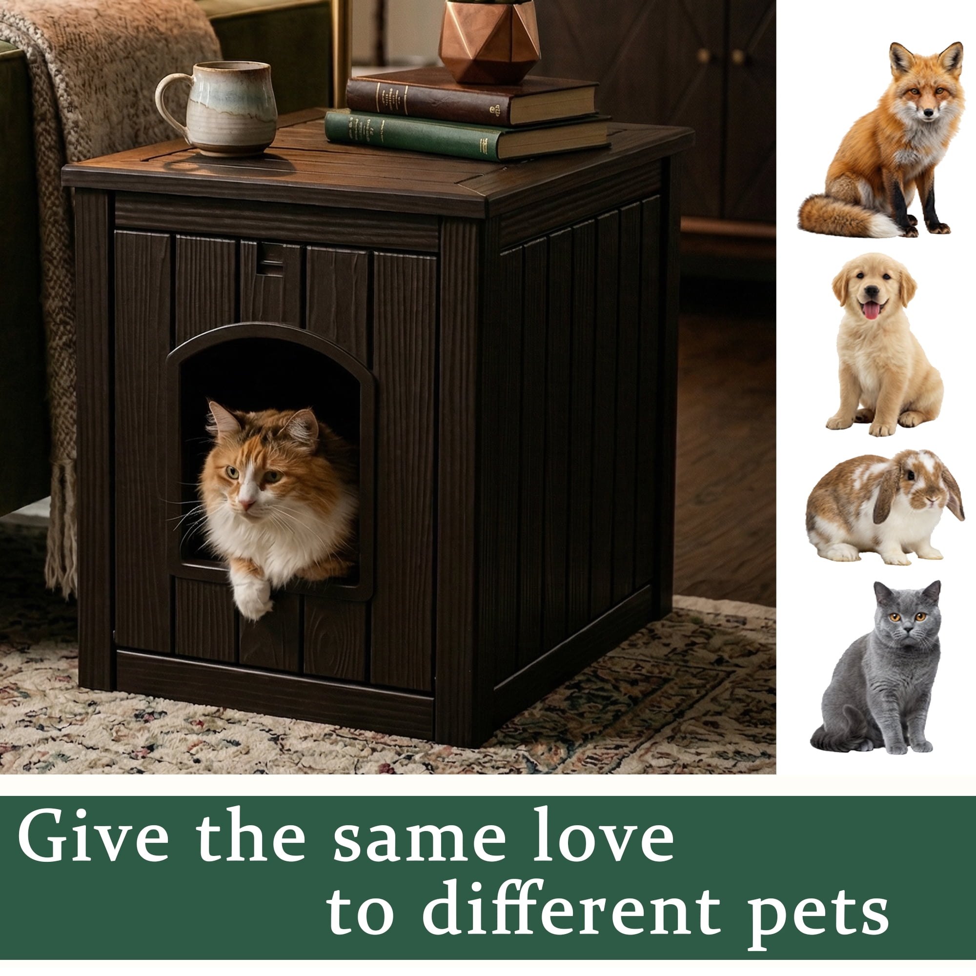 fazzn Multifunctional Cat House with Door, Indoor Outdoor Decorative Cat Shelter, Dual Use Pet House for Cat & Small Dog, Easy to Clean & Assembly.Brown/Black