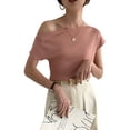 thumbnail image 1 of Camisa de punto para mujer, manga corta, hombros descubiertos, delgada, color sólido, top, rosa Eigraketly AP001509-02B, 1 of 7