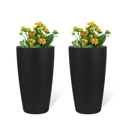 Chak’s Choice 22.7" Tall Planter Set of 2, Large Self Watering Pots for Indoor/Outdoor Plants with Drain Holes, Water Level Monitor, Inner Bucket for Front Porch Patio, Black