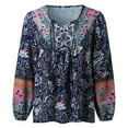 thumbnail image 4 of Womens Work Shirts Tops Fashion Loose V Neck Printed Loose Casual Long Sleeves Boho Fall Clothes for Women Tees Blouses Navy Size 2XL, 4 of 5