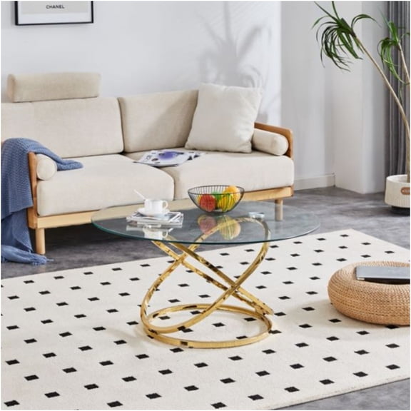 JERFIT 45 inch Round Gold Glass Coffee Table for Living Room, Modern Tempered Glass Top with Stainless Steel Base, Accent Table Holds Up to 330 lbs