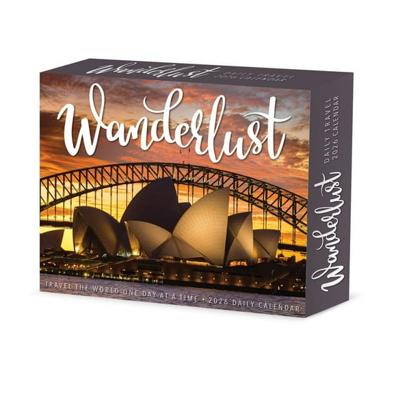 Willow Creek Press, Wanderlust 2026 Desk Calendar, 6.18'' X 5.43'', Daily Calendar with Adhesive Binding