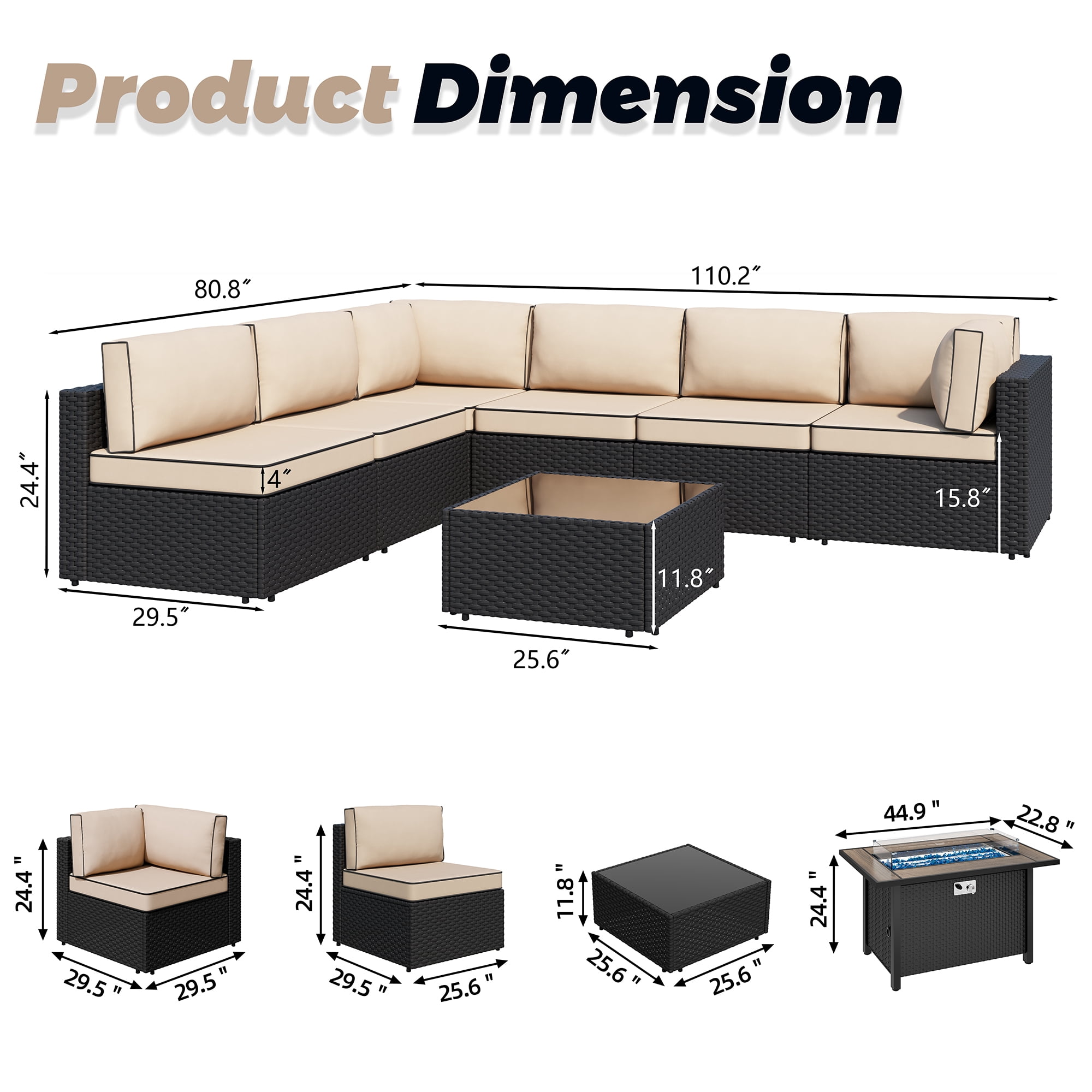 Walsunny 8 Pieces Patio Wicker Rattan Fire Pit Furniture Conversation Sets with Outdoor Sectional Sofa,45" Gas Propane Fire Pit Table,Glass Coffee Table,Black Rattan Khaki Cushion