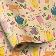 RUSPEPA Sloth Daydream PresNok Wrapping Paper Roll, Mini Roll, Design with Colorful Flowers, Kraft Gift Wrap for Spring, Birthday, Pet-Themed Party and Relaxing Occasion, 17 Inches X 16.4 Feet