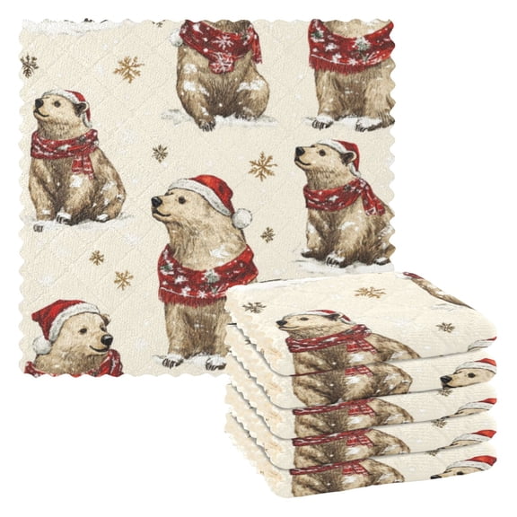 6 Pieces of Kitchen Towels 11x11Inch Kitchen Dish Cloths Kitchen Dish Towels Reuseable Cleaning Cloths Red Christmas Bear