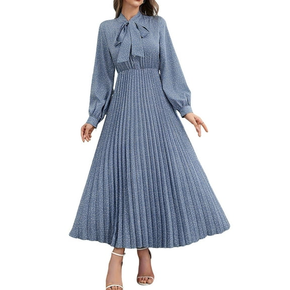 Women'S Knee-Length Spring and Autumn Dresses Bowknot Solid Color Shirt Sleeve Big Swing Long Dresses Blue XL