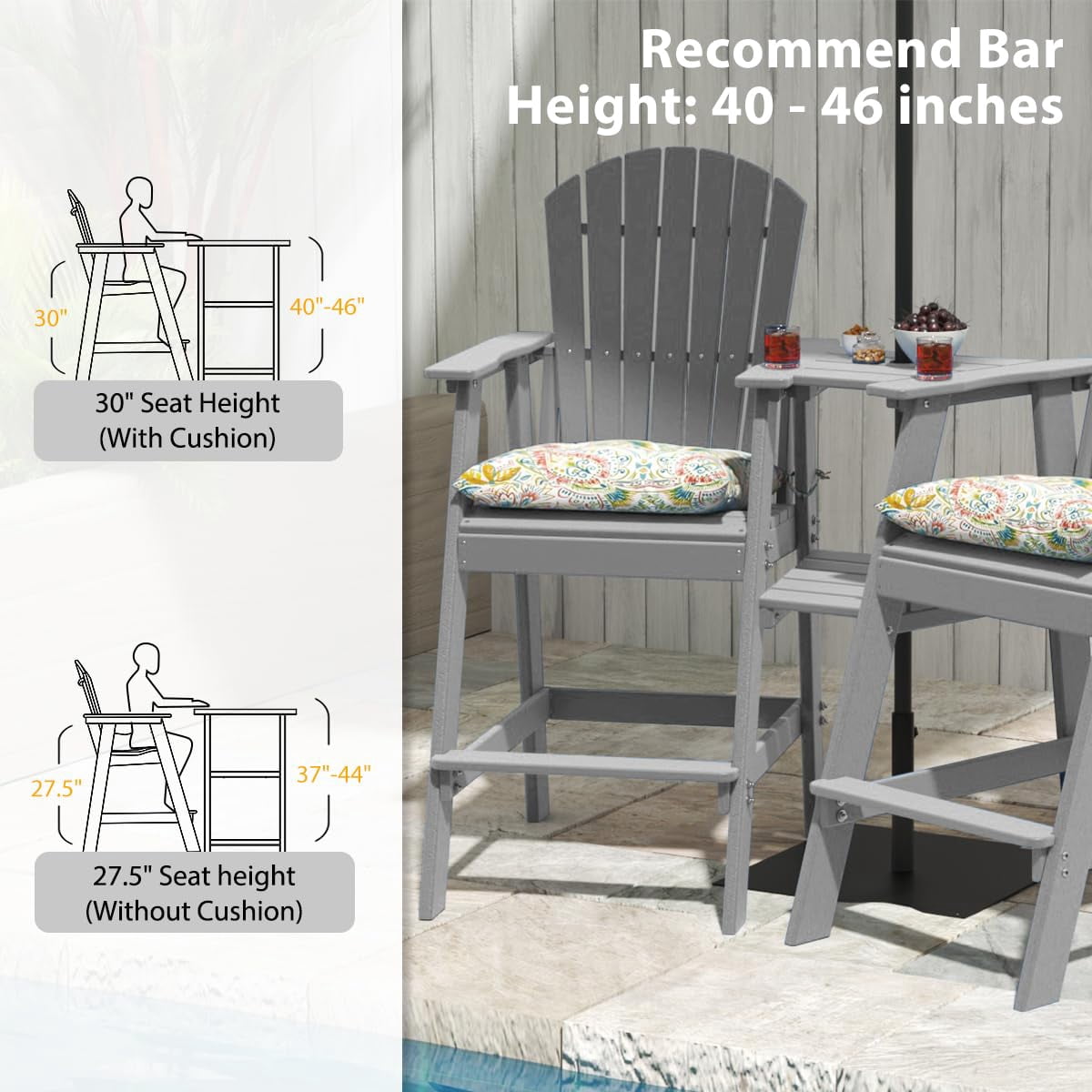 Tall Adirondack Chairs Set of 2 with Table, Patio HDPE Bar Set, 3 PCS Counter Height Dining Bistro Set, Pub Table with Stools, 2 Umbrella Hole Caps, Medium Gray