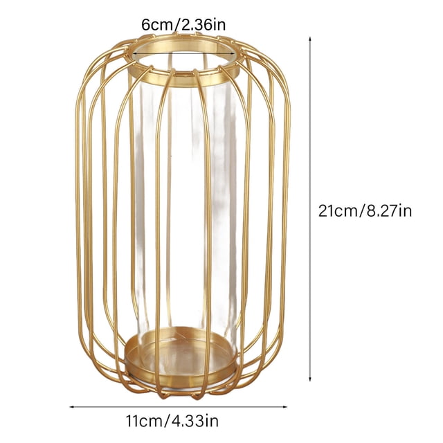 Lantern Shaped Glass Iron Vase, Simple Design Clear Transparent Test Tube Hydroponic Terrarium for Plants, with Wrought Iron Frame for Home Office Decor