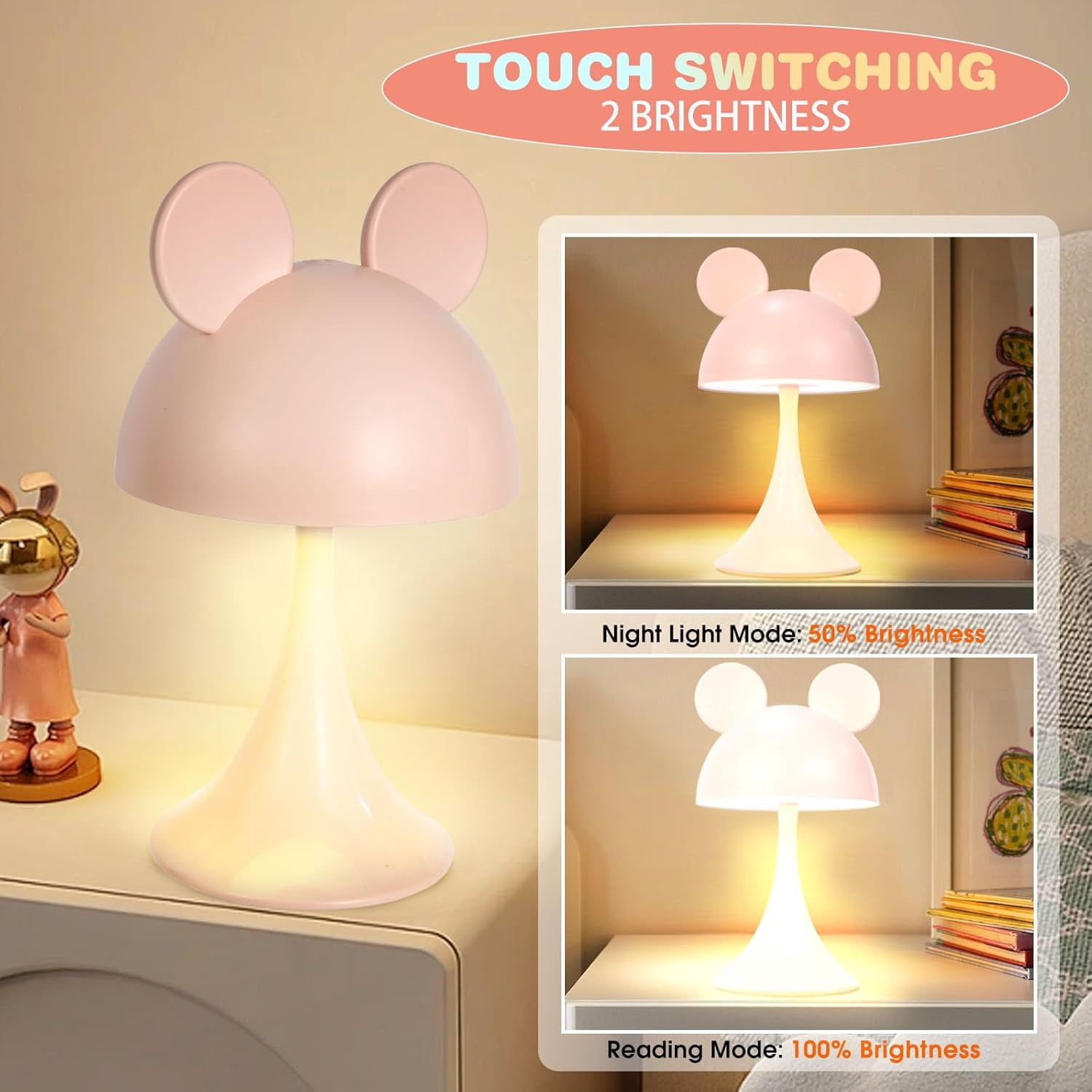 Rechargeable Mouse Shape LED Dimmable Touch Desk Lamp Reading Night Light Cute Bedside Lamp (Pink)