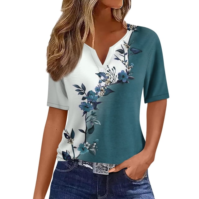 Camiseta de Mujer Camiseta Estampado Botón Manga Corta Diario Fin de Semana Moda Básico Cuello en V Top Regular Azul/L