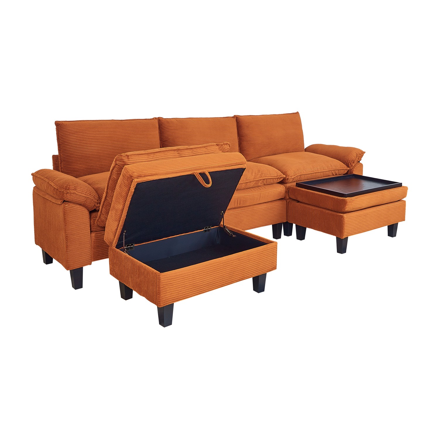 Gewnee Corduroy Fabric Modular Sofa Upholstered Modern Sofa, 3 Seater Comfy Couch With Tea Table Storage Ottoman for Bedroom and Living Room, Apartment, Bedroom, Dorm, Office,