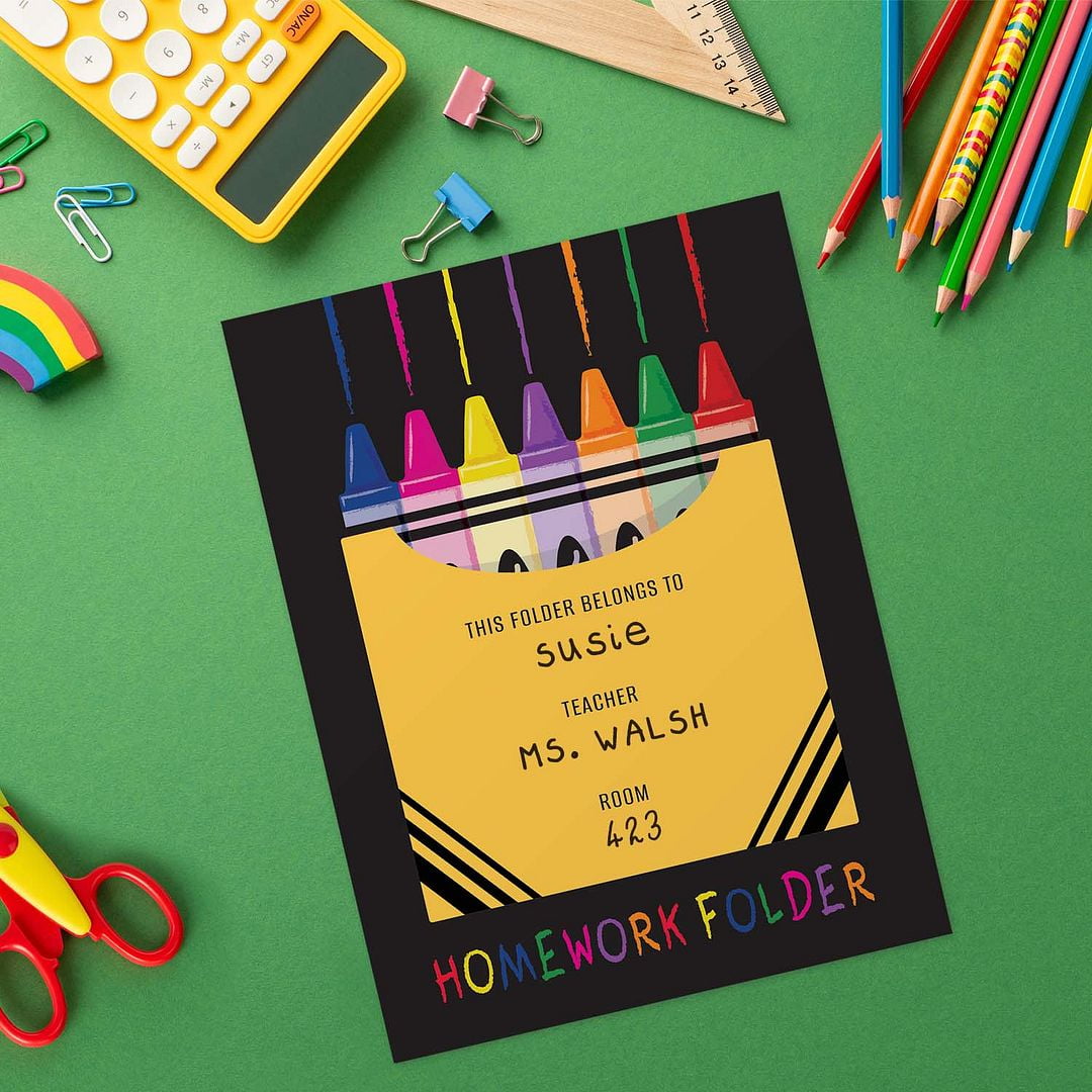 Colorful Crayon Box Homework Folders / 25 Vibrant Classroom Student Folders / 9" x 12" School Teacher 2 Pocket Organizational Black Desk Folder Pack / Made In The USA