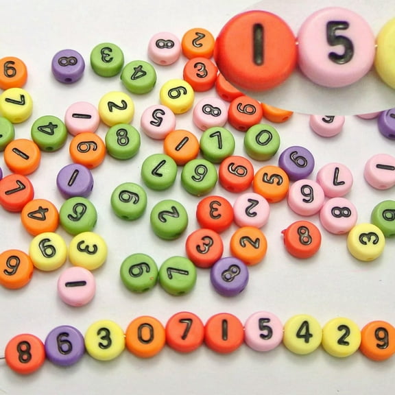 U8MO 250 Mixed Color Assorted Number “0-9” Acrylic Coin Beads 4X7mm