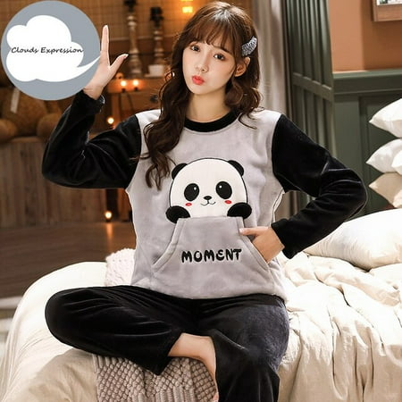 

QWZNDZGR Winter Warm Flannel Women Cartoon Sleepwear Cute Girls Pajamas Fashion Pajama Set Pullover Coral Fleece Pijamas Mujer Homewear