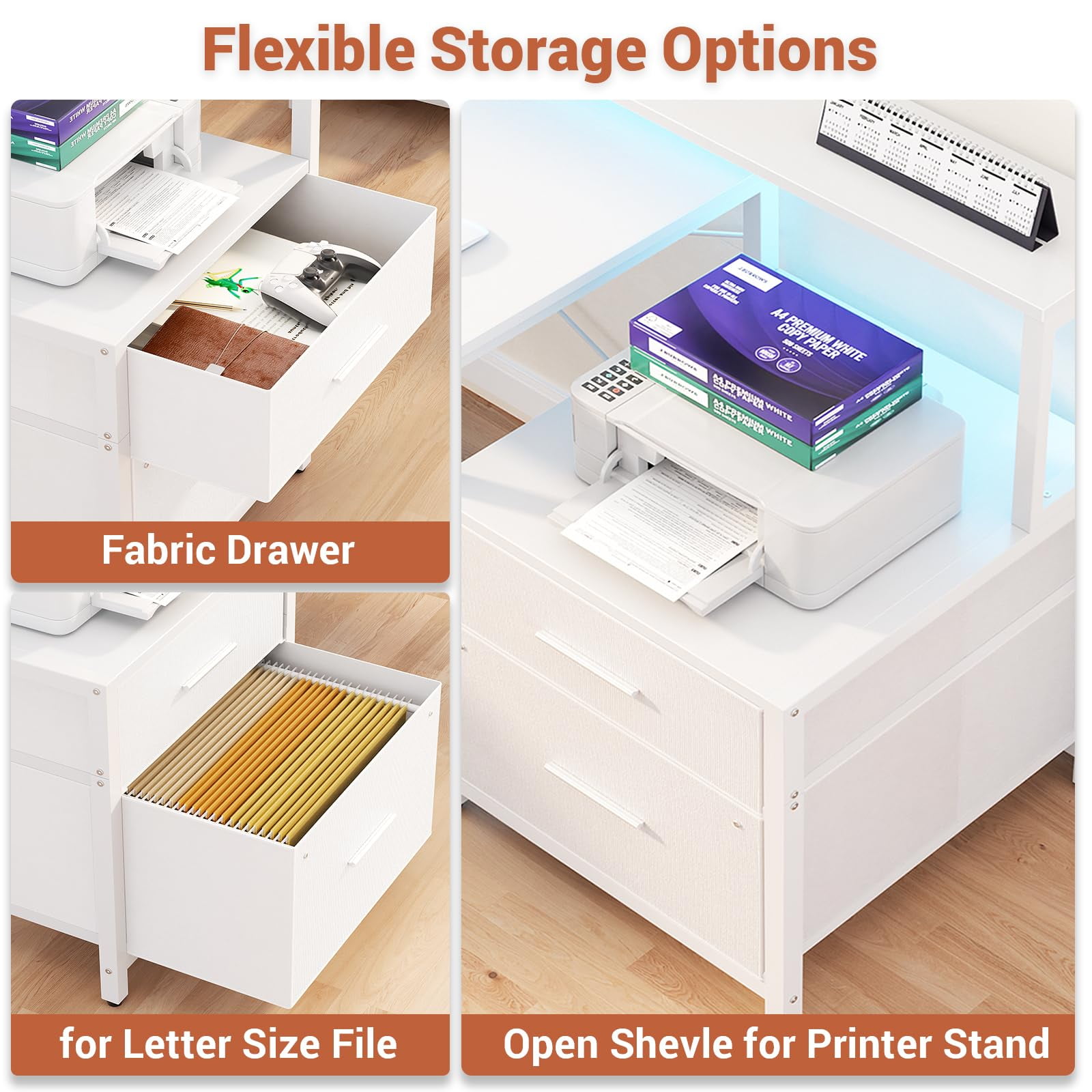 Homieasy L Shaped Desk with Power Outlet, Reversible L Shaped Computer Desk with File Drawer & Monitor Stand, Gaming Desk with LED Strip, Home Office Desk Corner Desk with Storage Shelf, White