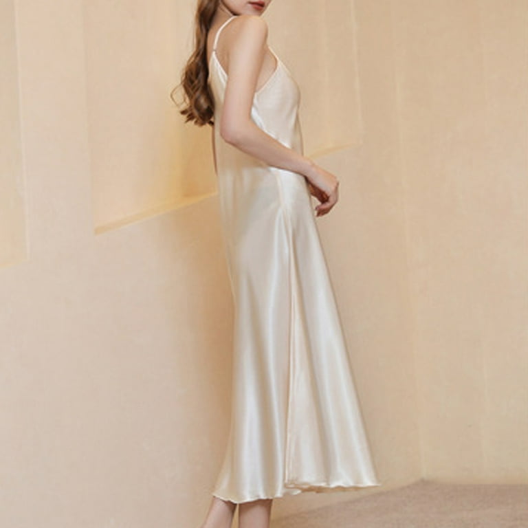 satin material night dress Women Nightgowns V Neck Breathable Night Dress with Satin Spaghetti Strap  Chemise Nightshirt Light Yellow L