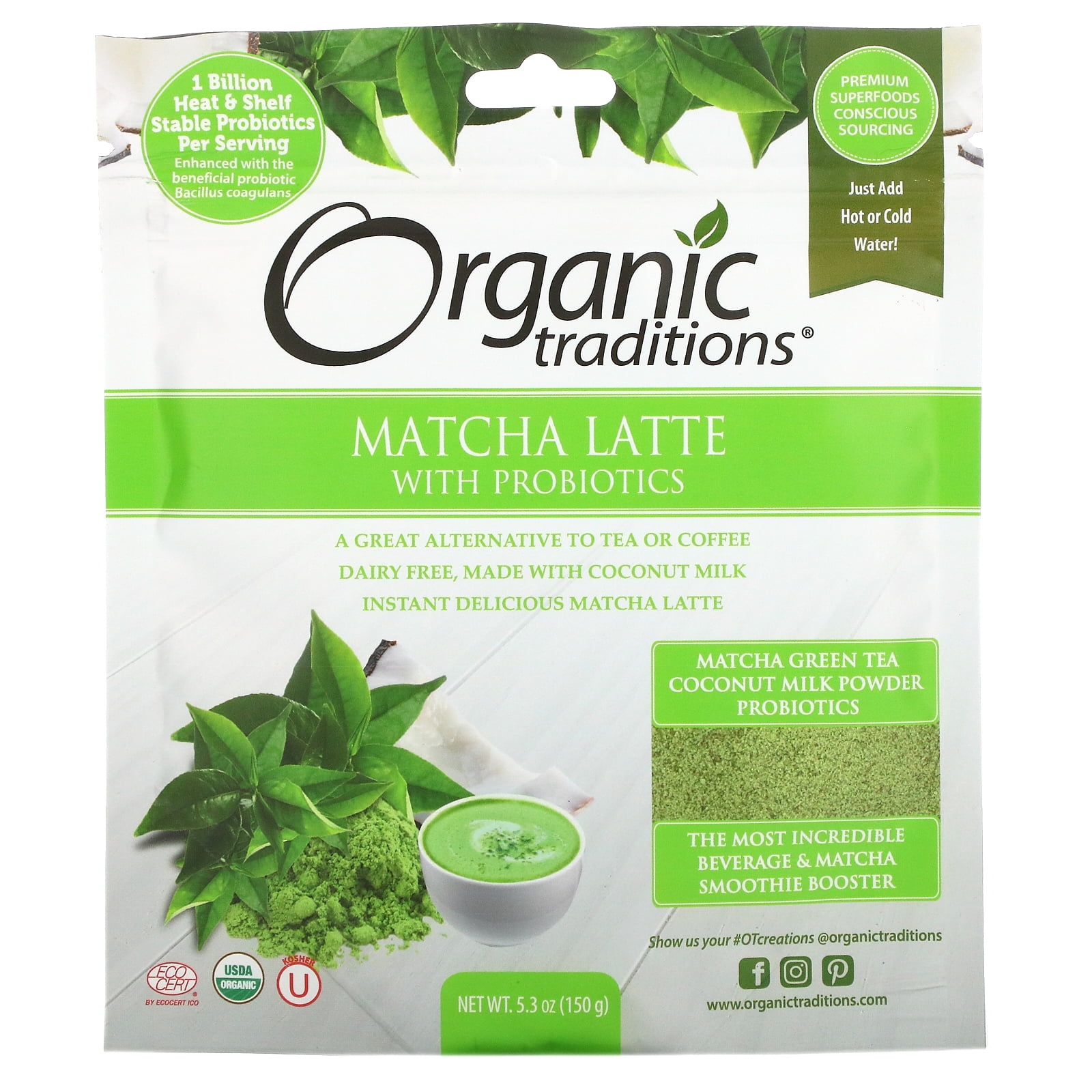 Organic Traditions - Matcha Latte Powder with Probiotics and Vanilla - 5.3 oz