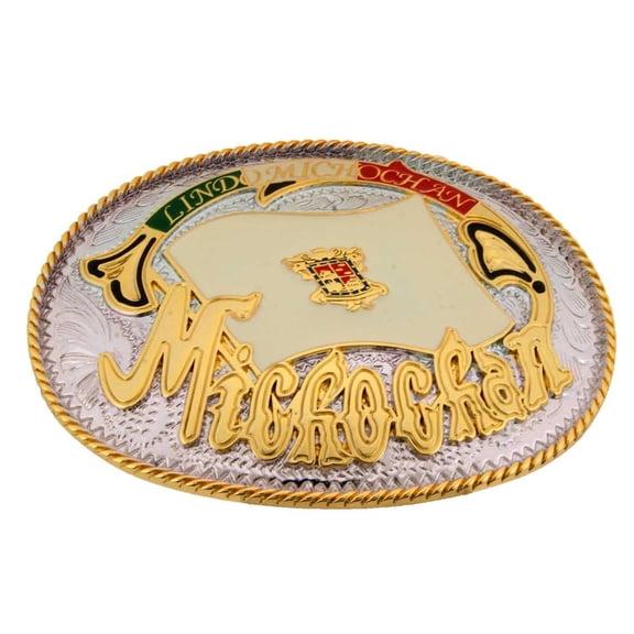 Hecho en Michochan Mexico Belt Buckle State of Mexican Country Metal Cowboy Gold and Silver Two-Tone Finished