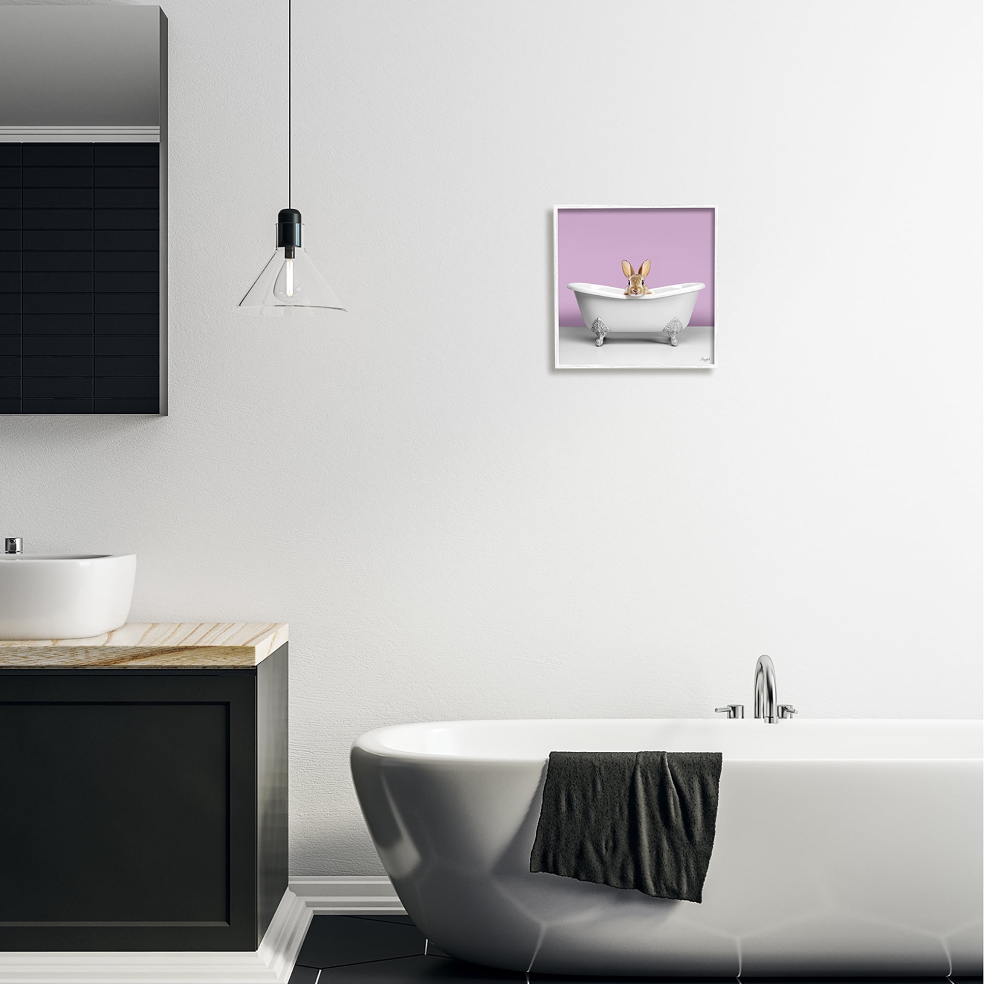 Stupell Industries Bunny in Tub on Purple Animals & Insects Painting White Framed Art Print Wall Art, 12 x 12