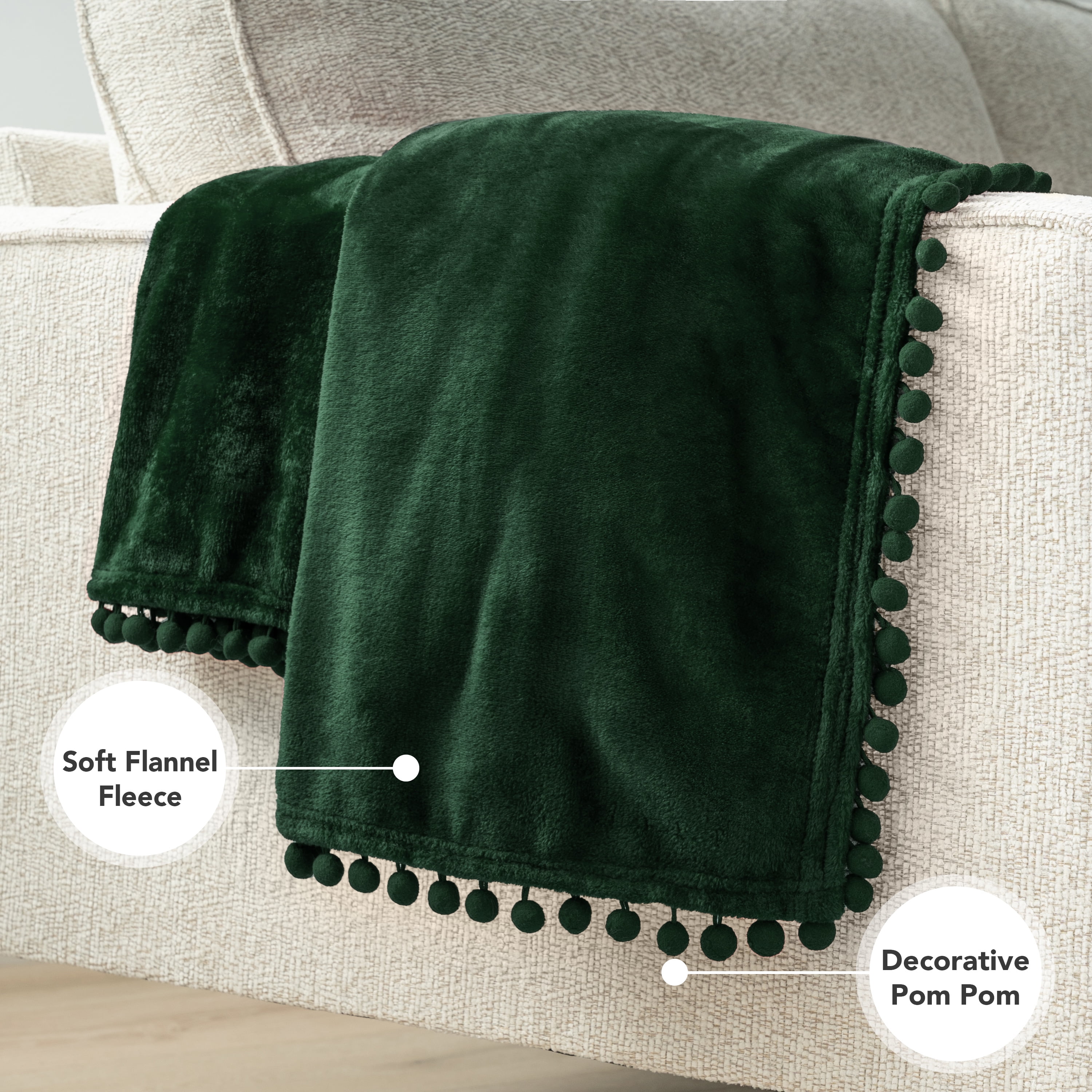 PAVILIA Fleece Throw Blanket for Couch with Pom Pom Fringe, Emerald Green, Soft Cozy Fuzzy Flannel Blanket for Sofa Bed, Large Lightweight Plush All Season Throw, 60x80 Inches