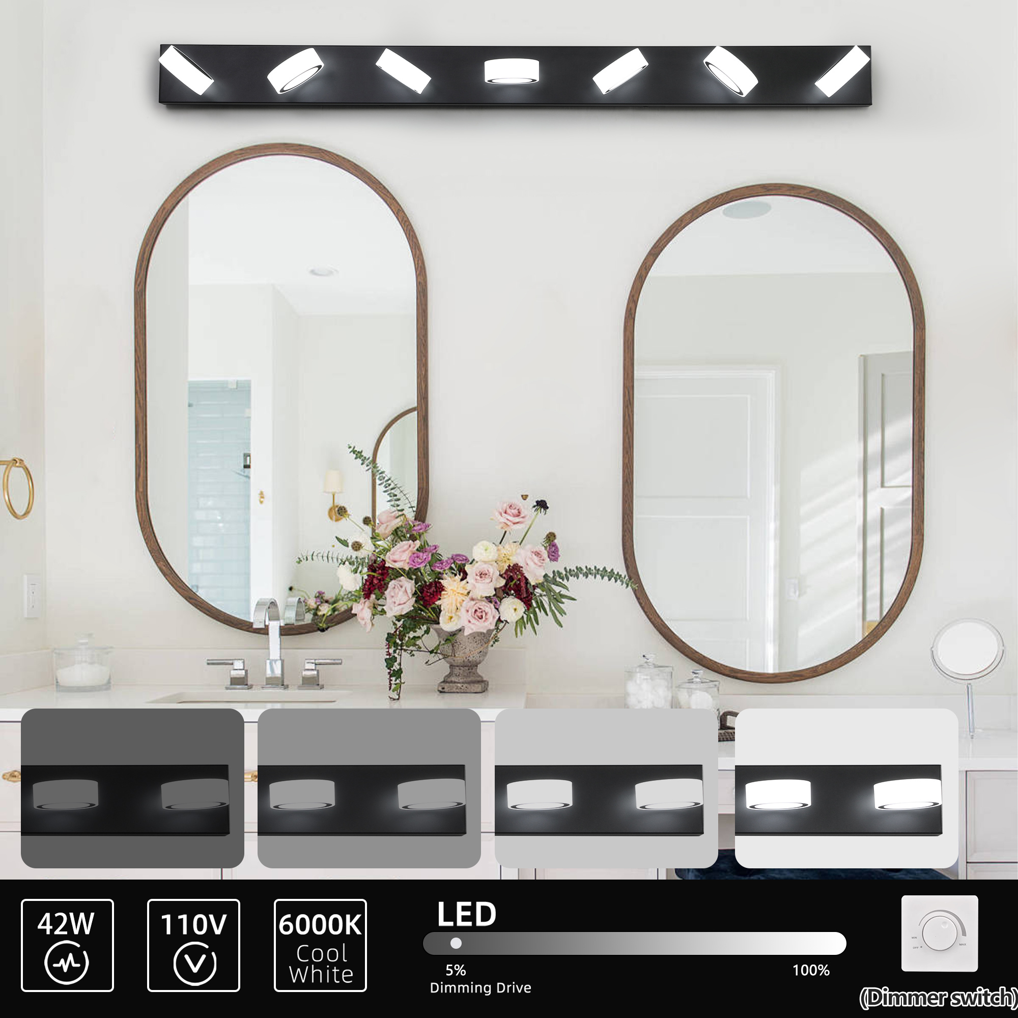 Leumius Modern 7-Light LED Vanity Light Fixture, Black Finish with Acrylic Light Shades, Energy-Efficient Bathroom Wall Sconce, Dimmable for Mirror, Shower and Bathroom Decor