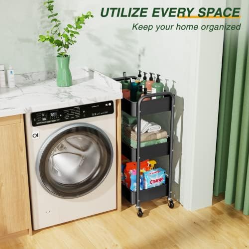 3 Tier Rolling Storage Cart, Metal Trolley Utility Cart with Wheels & Hooks, Easy Assembly Organizer Storage Cart for Bathroom Kitchen Office Bedroom Black