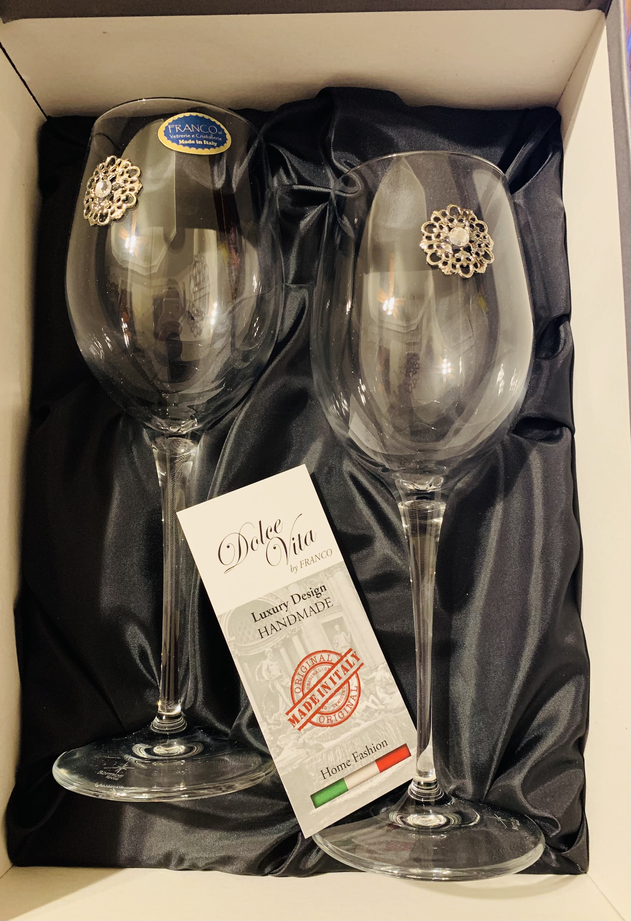 Handmade Embellished Italy Wine Goblets Water Made In Italy Set of 2