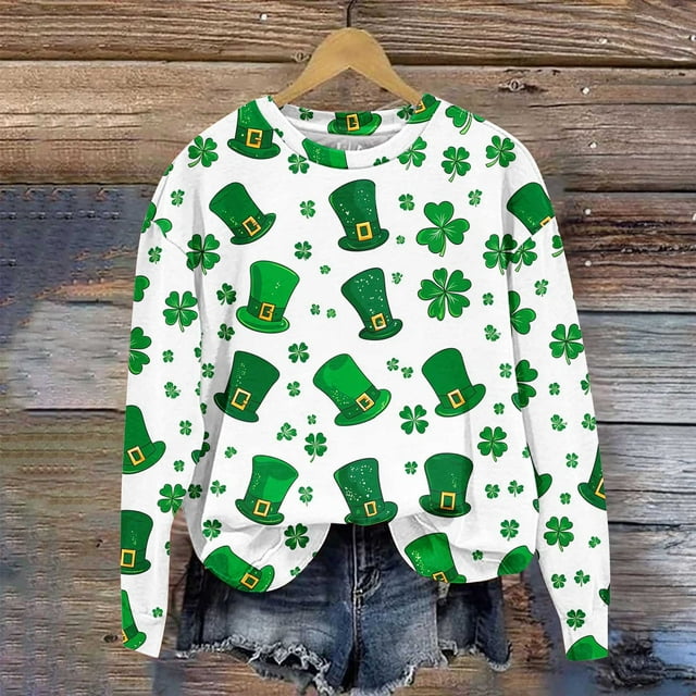 Xuyuer St. Patrick's Day Round Neck Sweatshirt for Women Lucky Shamrock Long Sleeve Shirt Ireland Gift Clover Print Fit Casual Pullover Fashion Loose Tops