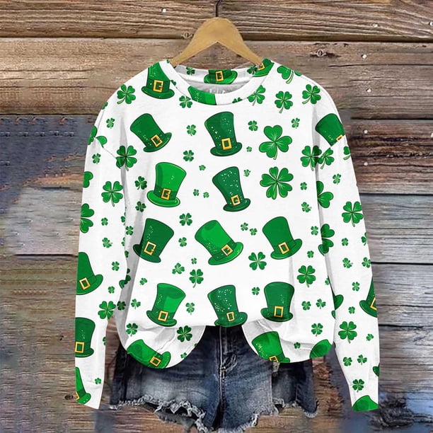 Xuyuer St. Patrick's Day Round Neck Sweatshirt for Women Lucky Shamrock Long Sleeve Shirt Ireland Gift Clover Print Fit Casual Pullover Fashion Loose Tops