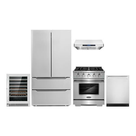 Cosmo 5 Piece Kitchen Appliance Packages with 30  Freestanding Gas Range 30  Under Cabinet Range Hood 24  Built-in Fully Integrated Dishwasher French Door Refrigerator & 48 Bottle Wine Refrigerator