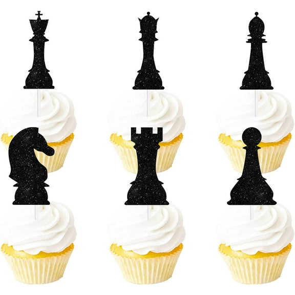 10pcs Black Glitter International Chesss Dessert Cupcake Topper Baby Shower Board Game Theme Decor Supplies Boys Girls Happy Birthday Decorations