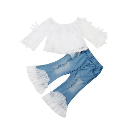 

Toddler Kid Baby Girl Summer Outfits T Shirt Tops Bell Bottom Pants Jeans Pants
