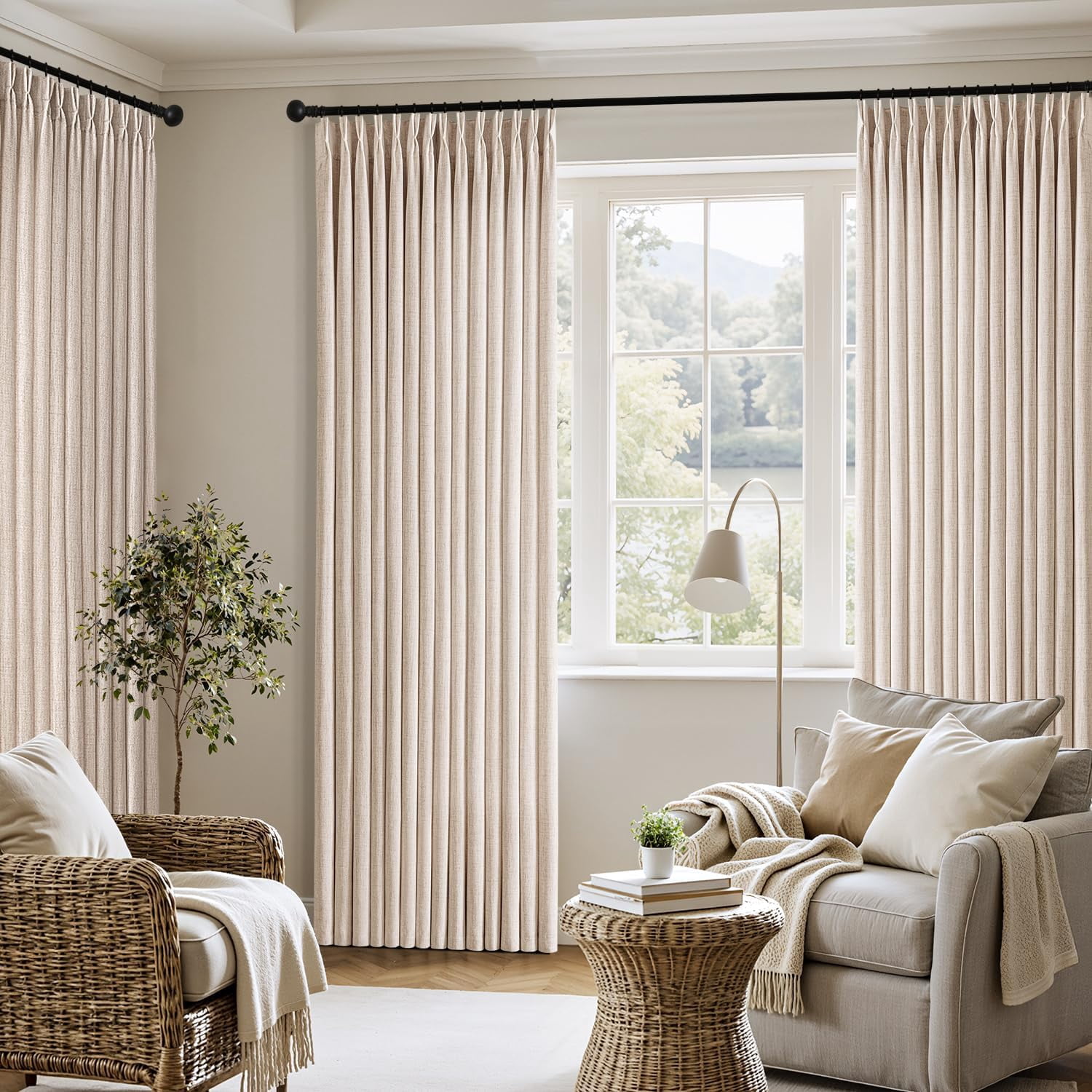 Pinch Pleated Thick Linen Curtains 90 Inch Long 4 Panels Set Back Tab Memory Trained Pinch Pleat Semi Sheer Light Filtering Privacy Curtains Let Light in Window Drapes for Living Room Bedroom