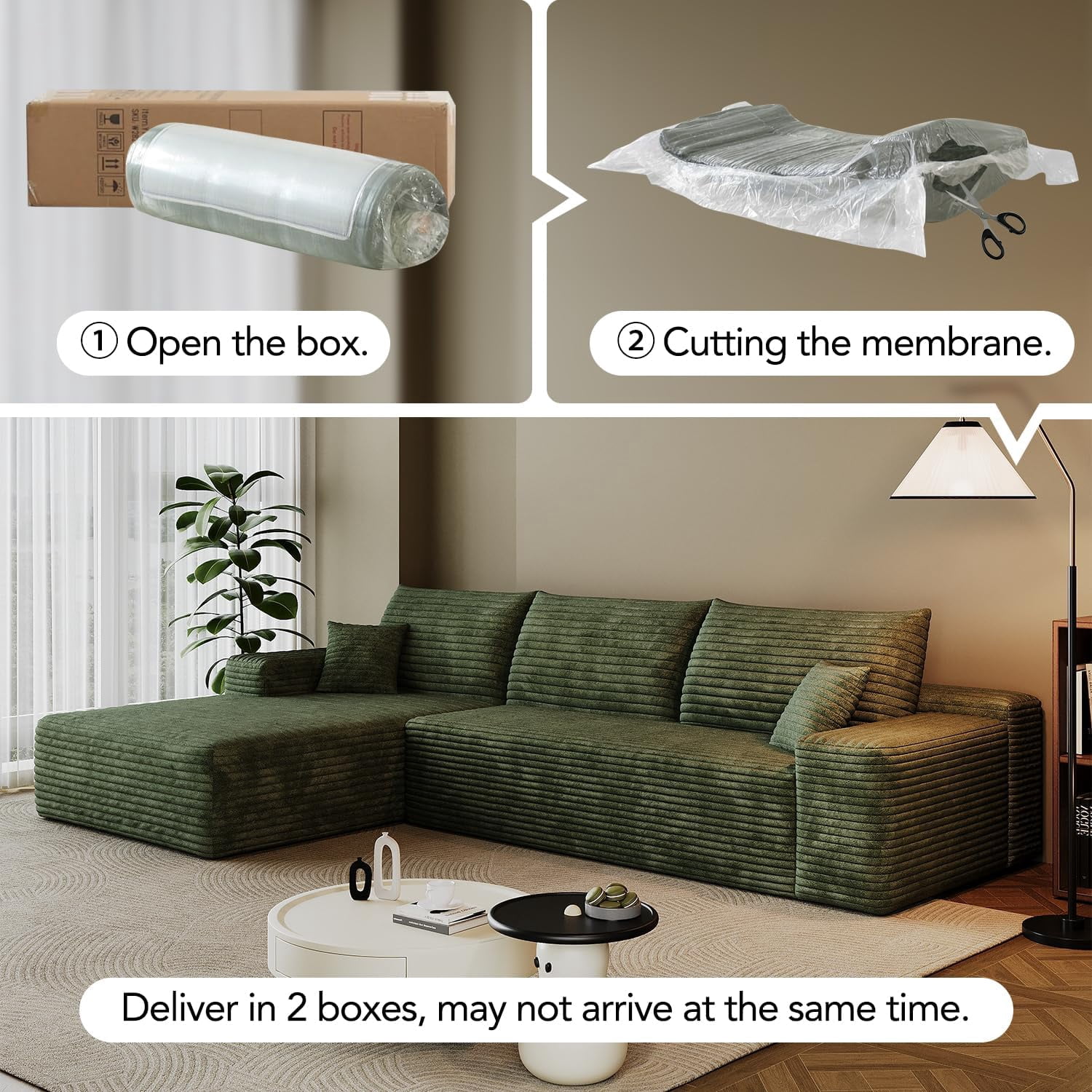 103" Cloud Sectional Sofa, Modern L Shaped Deep Seat Couch, Plush Corduroy Upholstered Sofa No Assembly, Living Room