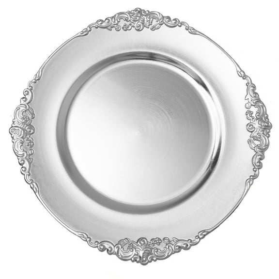 Simply Elegant Filigree Edge Plastic Charger Plate | Service Plate for Parties, Dinner, Weddings, Quinceaneras and Events | 13 inch Diameter | Silver | Set of 24