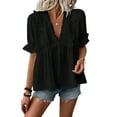 thumbnail image 3 of Women'S Summer Short Sleeve Babydoll Top Ruffle V Neck Dots Flowy Shirt Blouse Black XL, 3 of 8