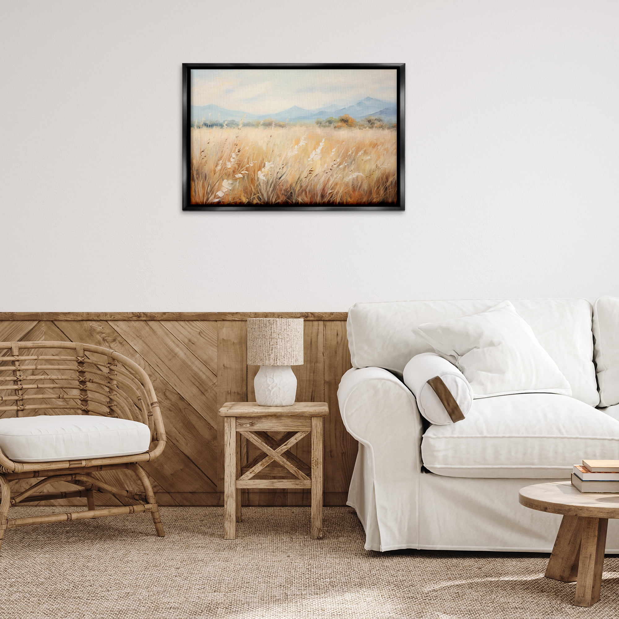 Stupell Industries Wheat Field Landscape Landscape & Nature Painting Black Floater Framed Canvas Art Print Wall Art, 31 x 21