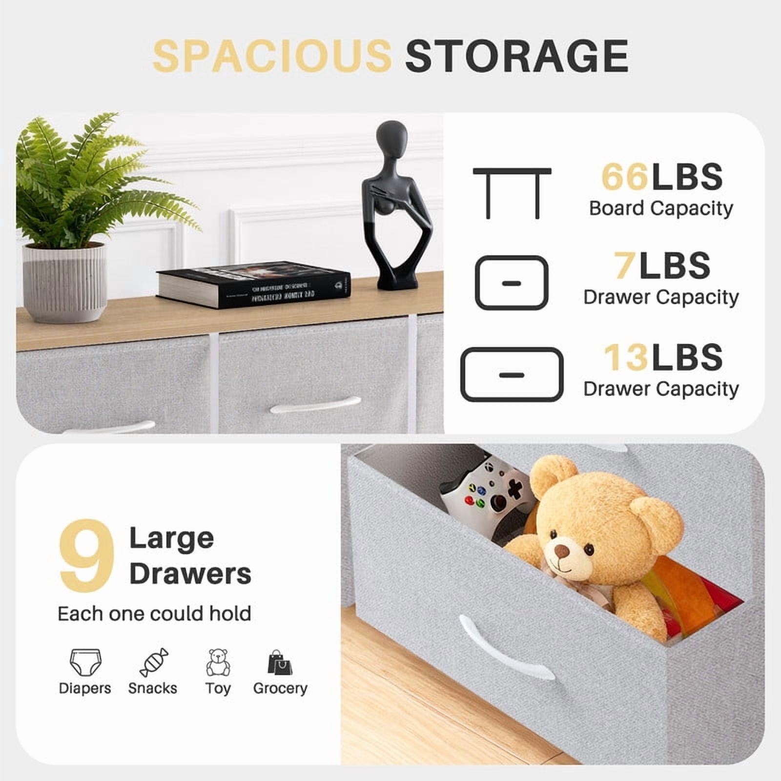 Bigleap 9 Drawers Dresser for Bedroom, Fabric Dresser with Sturdy Steel Frame, Wooden Top & Easy Pull Fabric Bins,Light Gray