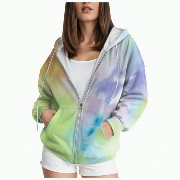 Towmus Women's Novelty Print Zip Up Hoodies Long Sleeve Cute Tops With Pocket Drawstring Gradient Hooded Sweatshirt XS-6XL