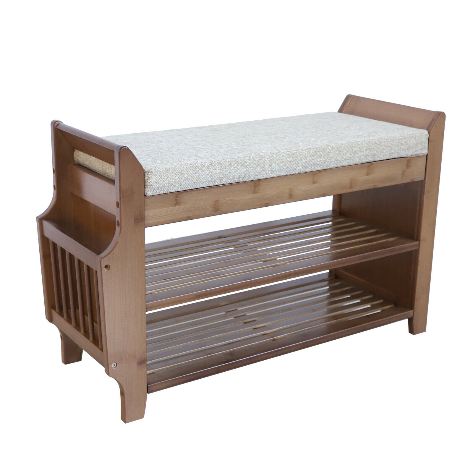 2 Tier Shoe Bench Shoe Storage Bench Rack Entryway Shoe Stool & Soft Seat Entryway Shoe Bench 2-Tier Vintage Shoe Rack Foyer Storage Benches Wood Shoe Cabinet with Small Drawer and Side Space