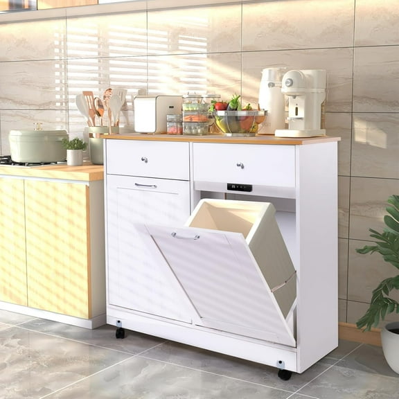EROMMY Double Tilt Out Trash Can Cabinet, 10 9 Gallon Wooden Kitchen Garbage Bin with Deodorizing Function, Recycling Storage Cabinet with Hideaway Drawer for Living Room&Bathroom