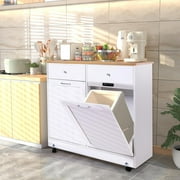 EROMMY Double Tilt Out Trash Cabinet, Wooden Kitchen Trash Can with Negative Ion and Deodorizing Function, Laundry Cabinet for Kitchen Living Room Bathroom, White