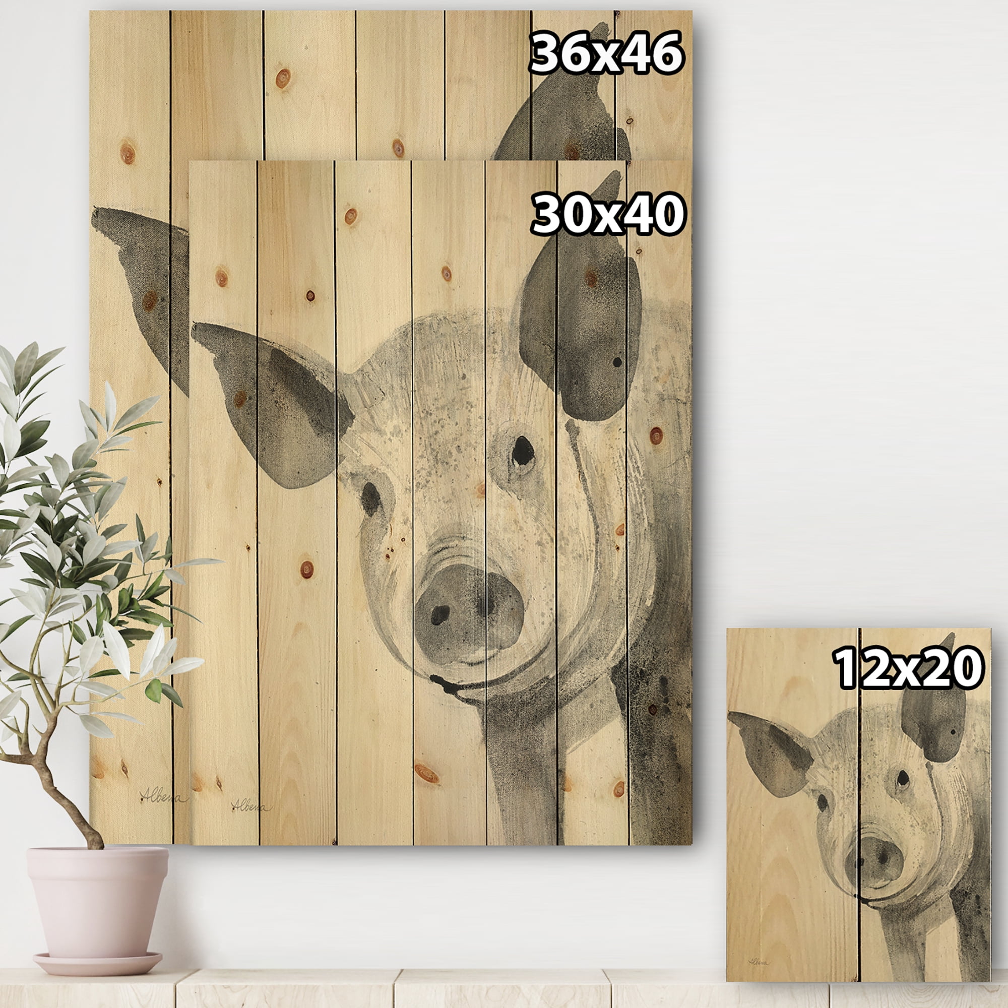 Designart 'Piglet Farmhouse Animal in Monochrome' Farmhouse Animals Print on Natural Pine Wood