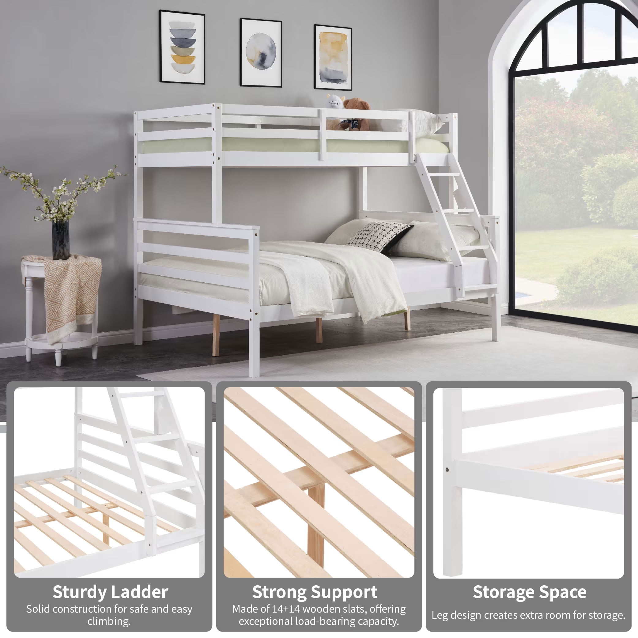 MAYEERTY Twin over Full Wooden Bunk Bed with Ladder and High Guardrail, Space-Saving Bunk Bed for Kids, Teens, Dorm Rooms, and Guest Rooms