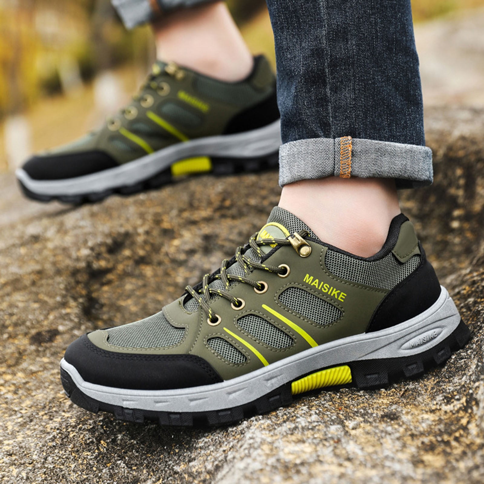 Mens Hiking Sneakers Lightweight Breathable Non Slip Outdoor Trail Shoes Quick Lace Army Green,Size 7