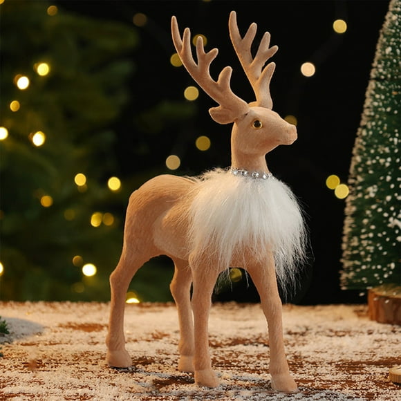 UsRHHA Simulated Reindeer Christmas Ornaments, Plush Animal Decor with Scarf, Holiday Tabletop Decoration for Christmas Tree, Festive Reindeer Figurine